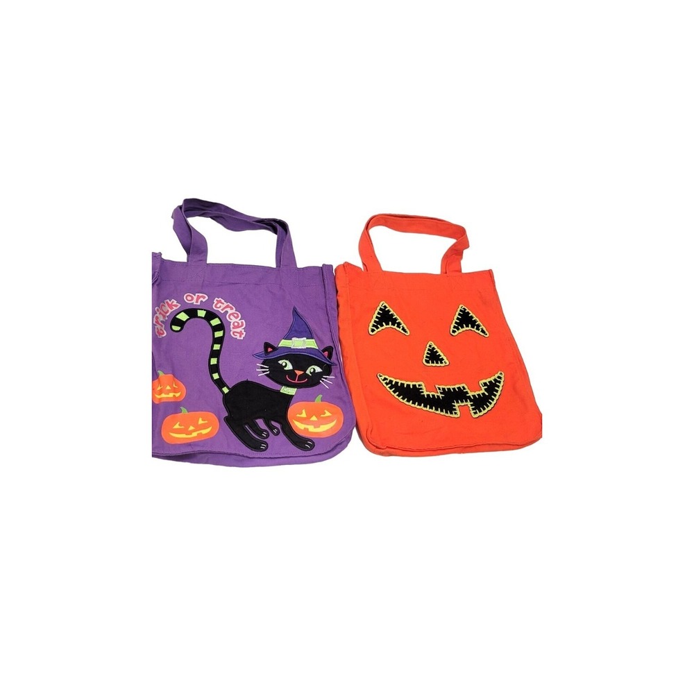 Halloween Trick Or Treat Bags Set - Purple Cat & Orange Pumpkin Design With Hand